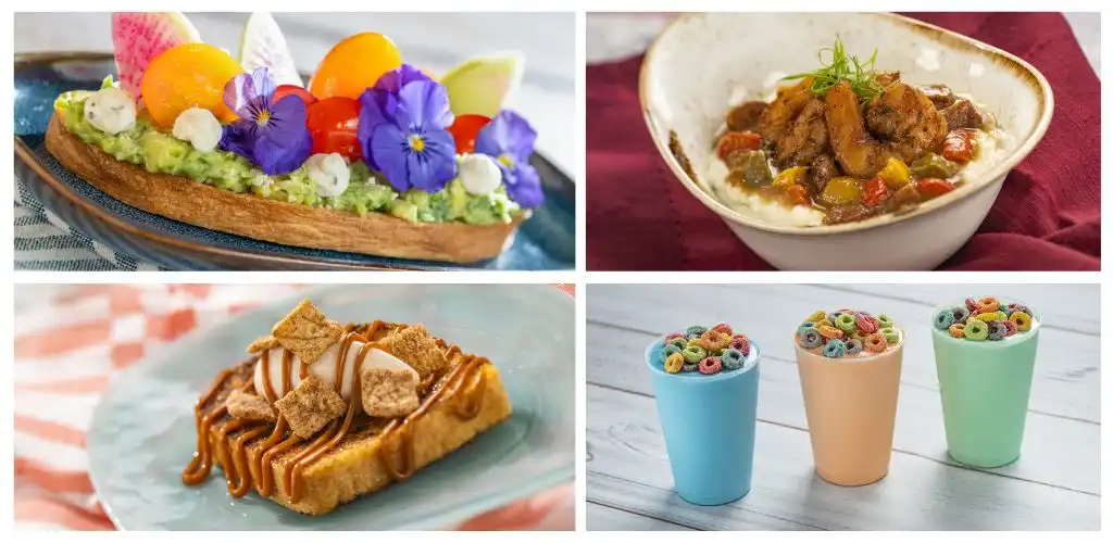 Top left: A colorful fruit pizza with whipped cream and edible flowers on a wooden plate. Top right: A bowl of beef stew with vegetables and herbs. Bottom left: A slice of caramel-flavored dessert with cereal toppings. Bottom right: Three cups