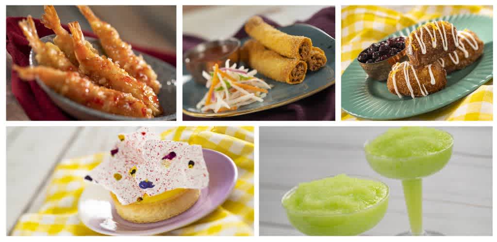 A collage of five images showing various appetizers and desserts including fried shrimp, fried spring rolls, cannoli with chocolate and fruit filling, a frosted cupcake with sprinkles, and green shaved ice.