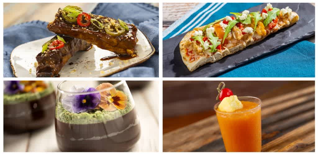 A plate of glazed ribs with green onion and red chili, a flatbread pizza with cheese and vegetables, a glass of dessert with flowers, and a tropical fruit cocktail.