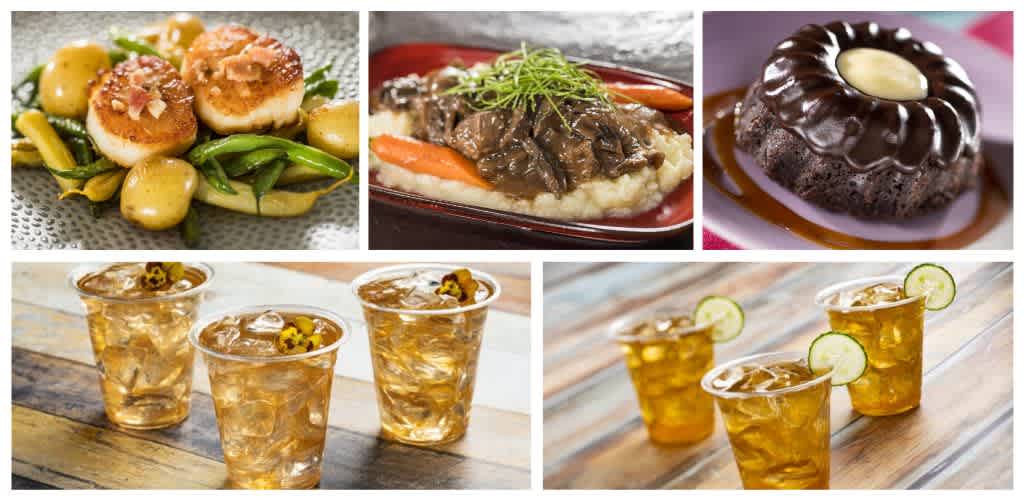 Assorted dishes and drinks including a seafood plate, beef dish with mashed potatoes, chocolate dessert, and two types of iced beverages with lime garnishes