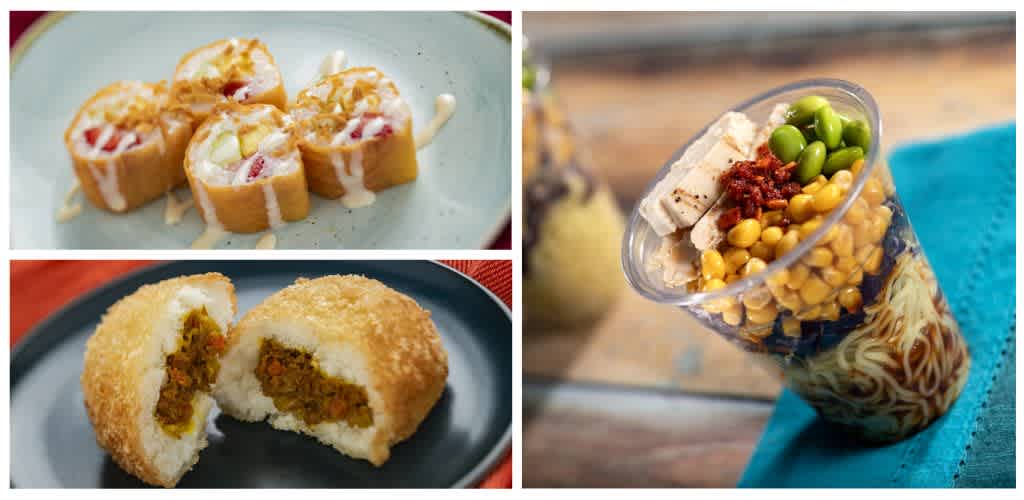 Three different Asian-inspired dishes in bowls and containers, including sushi rolls, a curry rice ball, and a layered noodle salad in a clear plastic cup.