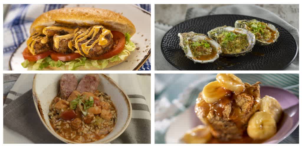 Assorted dishes including a burger, oysters, a stew with sausage, and a caramelized banana dessert.