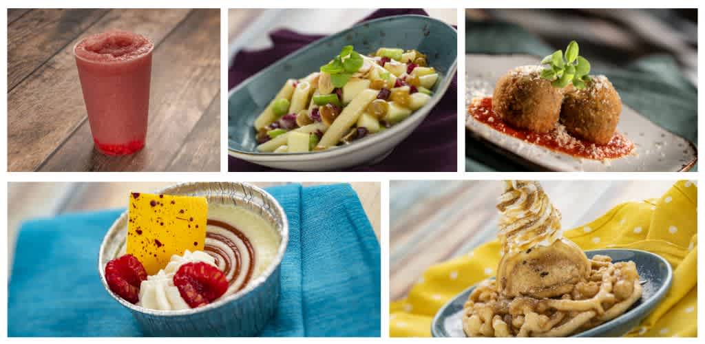 Assorted food and beverages including a smoothie, salad, fried appetizers, dessert, and pasta arranged on a wooden surface and colorful backgrounds.