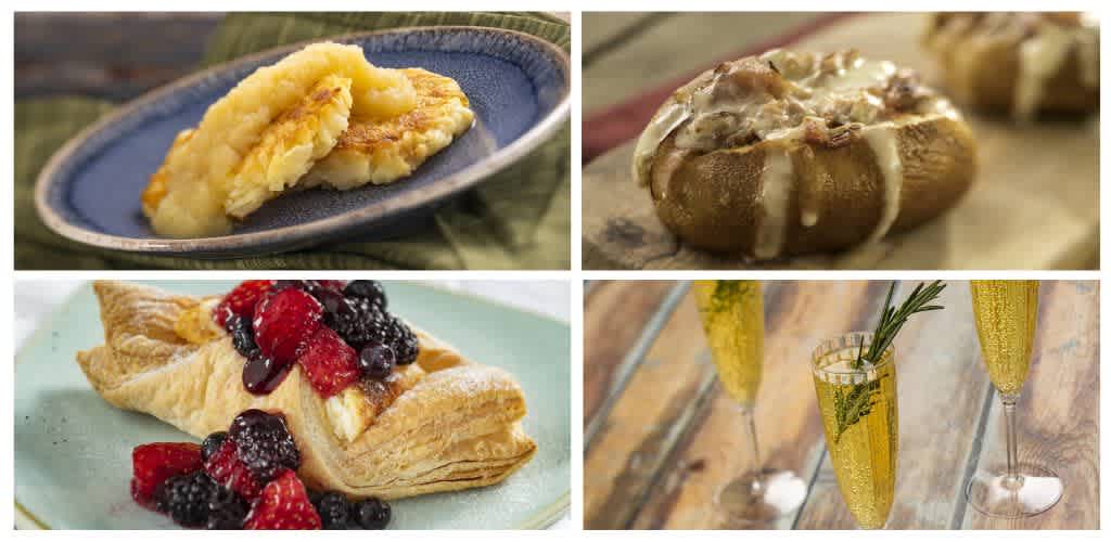 A collage of four images showing a casserole dish, a cinnamon roll with icing, a berry-topped pastry, and glasses of champagne with garnishes.