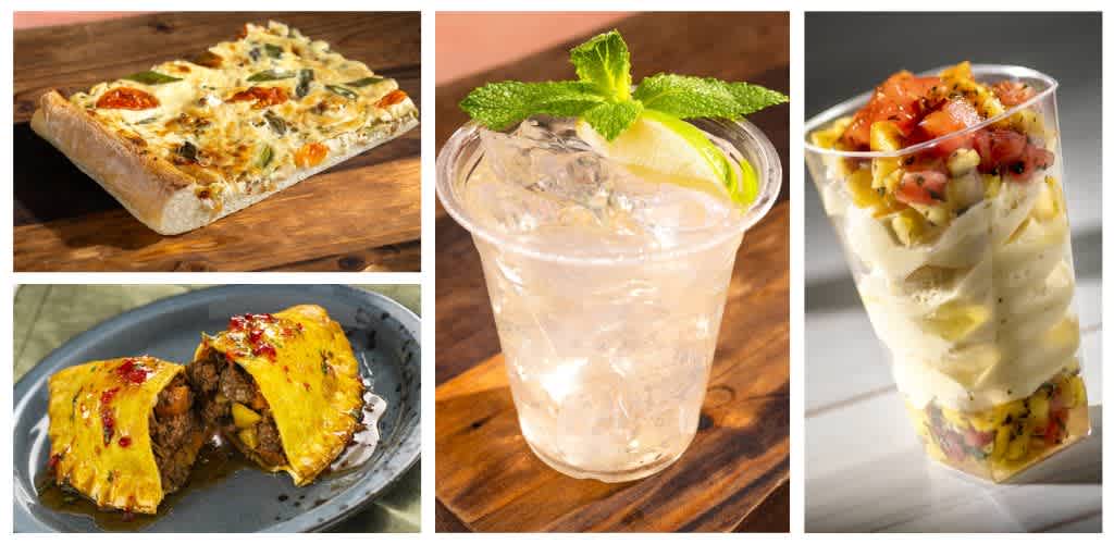 A variety of food and drink items including pizza, stuffed pastry, layered dessert in a clear glass, crunchy chips, and a refreshing citrus cocktail with mint.