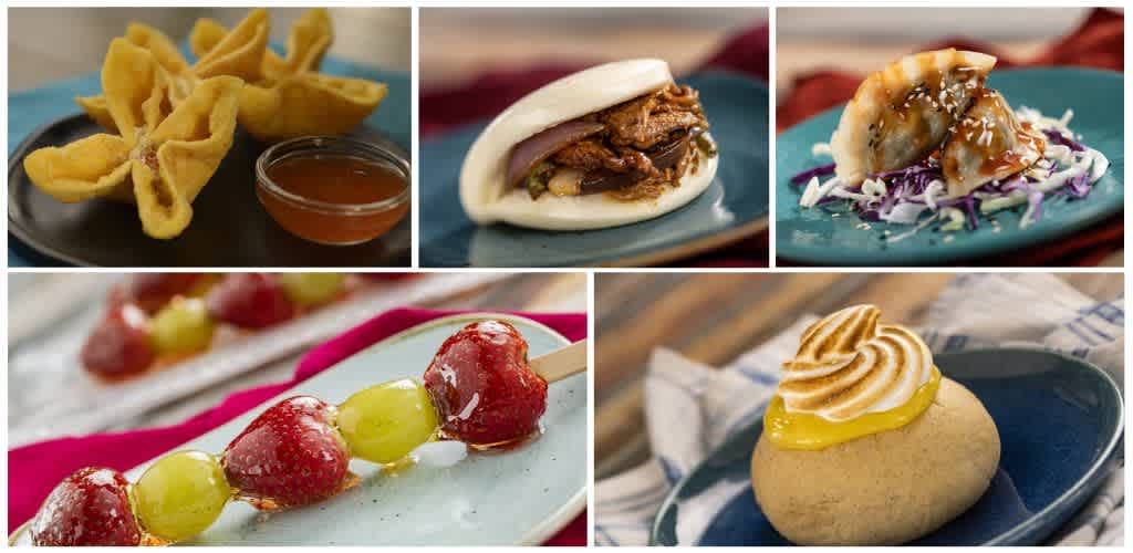 A variety of food items including fried pickles with dipping sauce, a beef sandwich with onions, a taco, fruit skewers with strawberries and grapes, and a baked potato with sour cream and cheese.