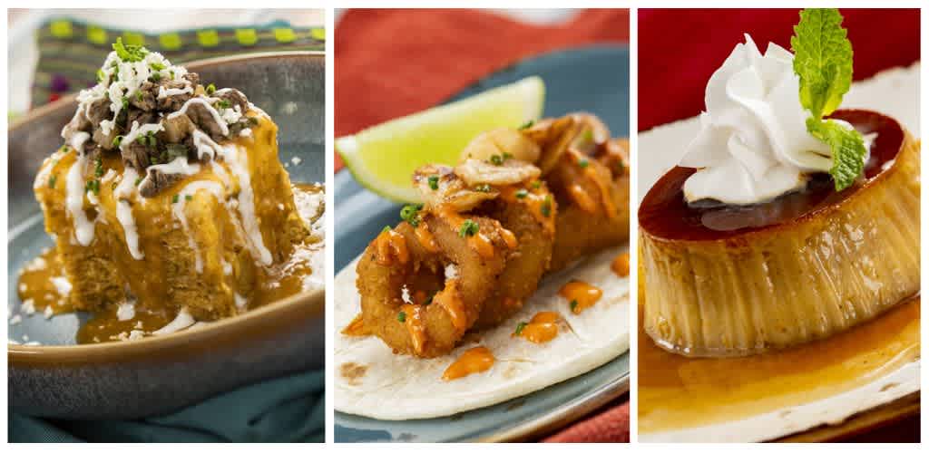 Three Mexican dishes on plates: a dessert with cake, whipped cream, and chocolate topping; fried seafood with lime; caramel flan with whipped cream and mint garnish