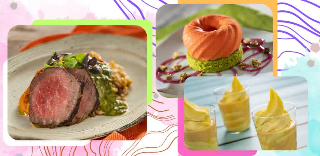 Three dishes featuring meat, a dessert sandwich, and lemon mousse in glasses, arranged on colorful, artistic backgrounds for a culinary presentation on GreatWorkPerks.com.