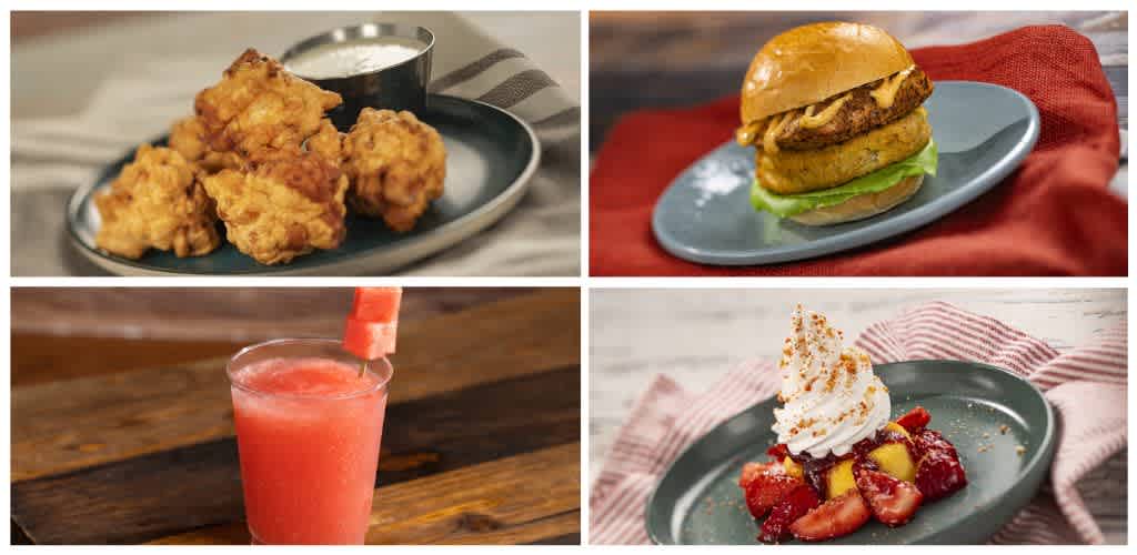 A collage of four images featuring fried chicken, a cheeseburger, a pink fruit smoothie, and a dessert with strawberries and whipped cream.