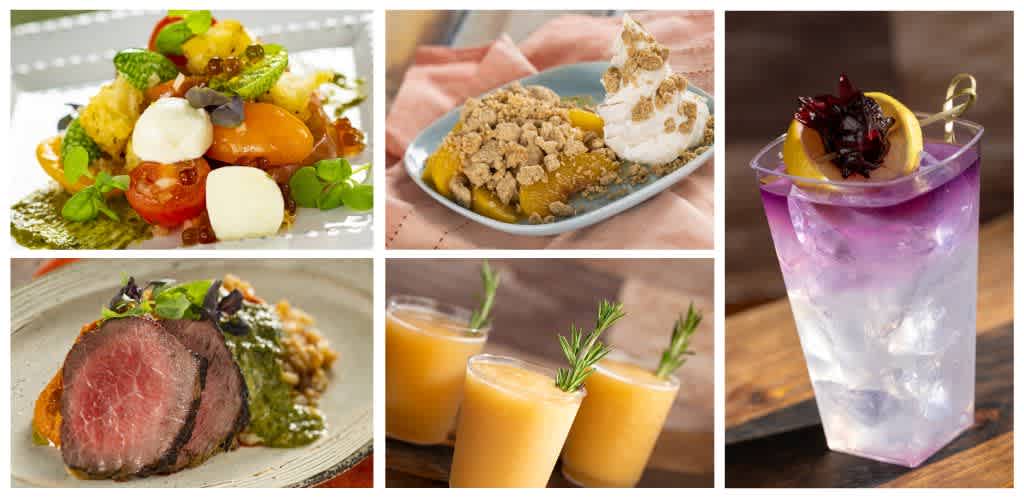 A collage of food and drinks including salad, pie with whipped cream, purple cocktail with garnish, beef with vegetables, and orange beverages with herbs.