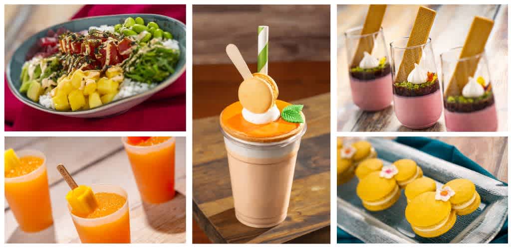Collection of colorful food and drink desserts including a salad, smoothies, milkshakes, and cookies displayed on various surfaces.