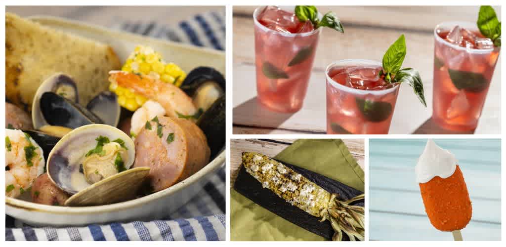 Cheesy seafood pasta with clams, shrimp, and sausage, served with bread; three pink cocktails with basil; grilled pineapple on a green napkin; and a cherry popsicle.