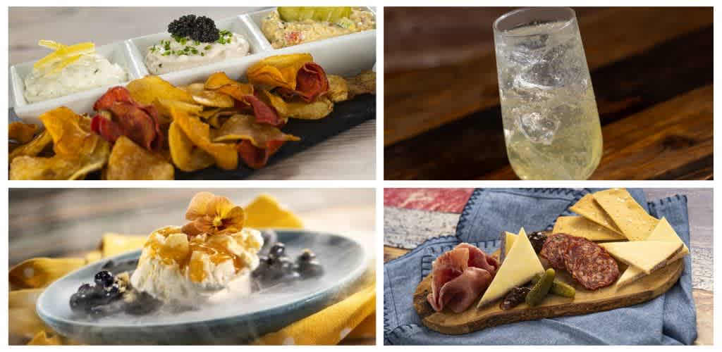 A collage of four images showing assorted gourmet appetizers including a cheese and charcuterie board, a glass of sparkling water, a plated dessert, and a selection of dips and toppings.