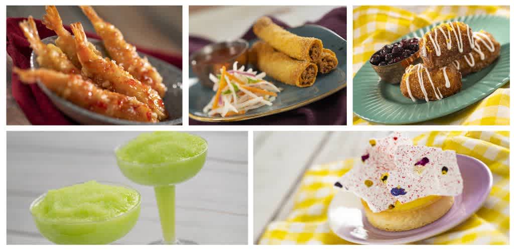 Assorted dessert and appetizer dishes including fried shrimp, egg rolls, cannoli, a lime frozen treat, and a decorated sugar cookie on various plates.