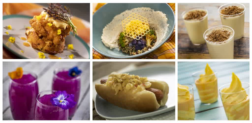 Six images of food and desserts including fried dish with garnish, vegetable hummus with honeycomb, pudding cups, purple drink with flower, hot dog, and lemon mousse.