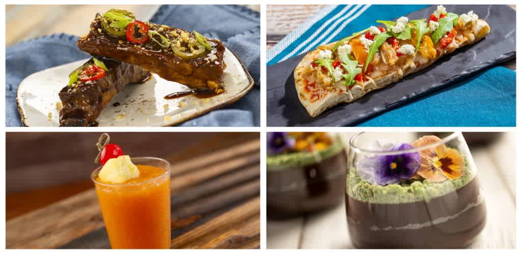 Four different dishes including glazed ribs with vegetables, flatbread pizza with toppings, a tropical fruit cocktail, and a dessert with edible flowers