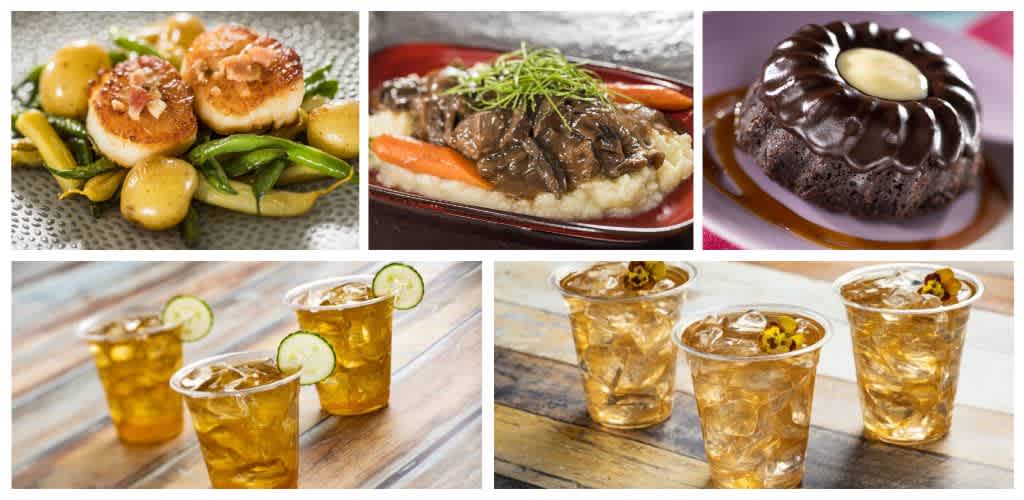 Assorted food and drink with scallops, steak, chocolate cake, and two types of iced beverages on wooden surfaces.