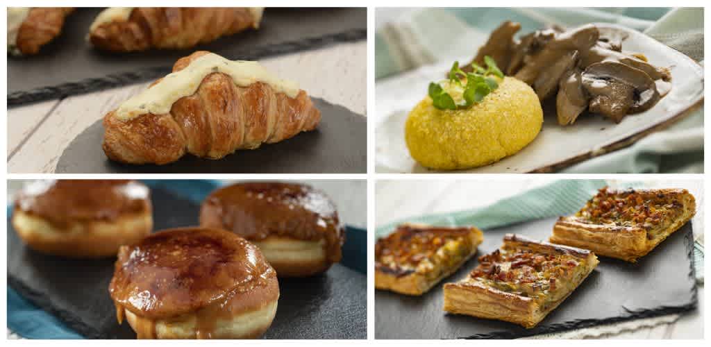 Assorted baked pastries including croissants with icing, small tarts, and slices of savory pies on different serving plates.