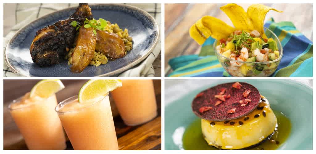 Four dishes and drinks including grilled meat with rice, a seafood salad, citrus beverages with lemon wedges, and a dessert with passion fruit and a cookie on top.