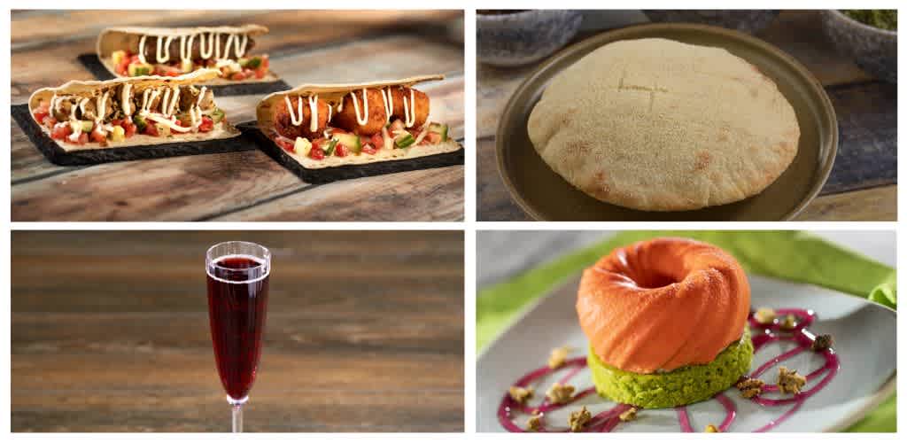 A collage of food items including tacos, flatbread, a glass of red wine, and a dessert with an orange topping and green base.