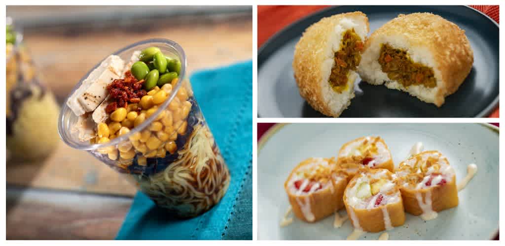 A variety of Asian cuisine dishes including a layered dessert with fruits and sauce, a savory vegetarian spring roll, and a sweet dessert roll with cream and fruit.