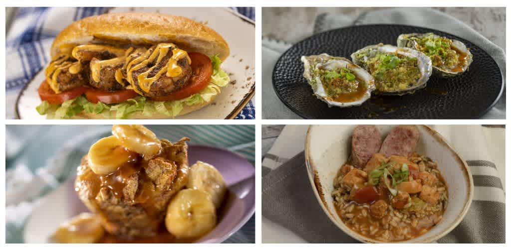 A collage of four images showing a sandwich, oysters, a dessert with bananas, and a bowl of rice with sausage and vegetables.