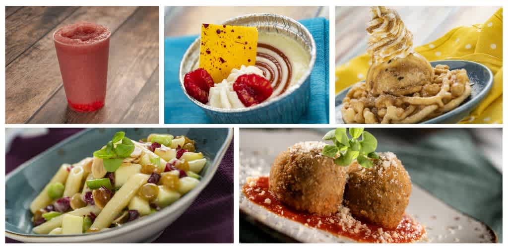 Assorted food and dessert dishes including a smoothie, yogurt with fruit, fried mozzarella sticks, macaroni salad, and arancini balls with sauce and garnish