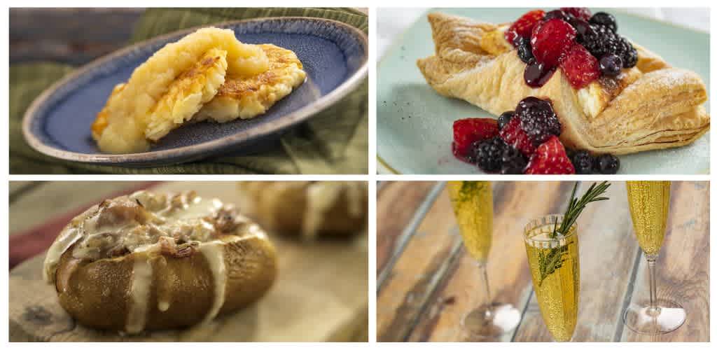 A collage of food and drinks including a potato dish, fruit-filled pastry, baked potato with toppings, and glasses of champagne with herbs.