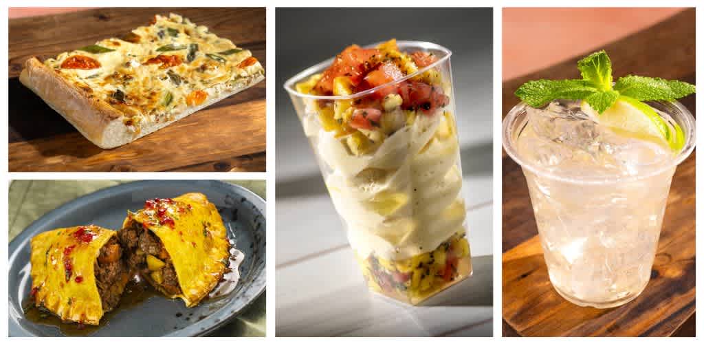 A slice of veggie pizza, a beef-filled taco roll, a layered pasta and vegetable parfait, and a glass of lime mint soda with ice and mint garnish.