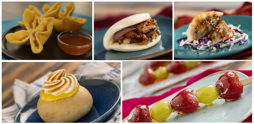 A collage of five food images includes fried calamari with dipping sauce, a pulled pork bao bun, a banana dessert with caramel drizzle, a fruit skewer, and a stuffed taco with toppings.