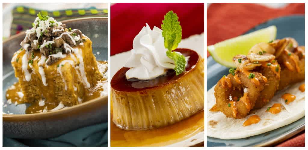 Three desserts: a caramel cake with drizzled white icing and toppings, a flan garnished with whipped cream and mint, and a fried fish taco with lime on a plate.