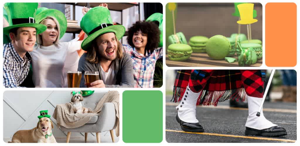 Group of people celebrating St Patrick's Day with green hats and accessories, enjoying food, drinks, and festive costumes.