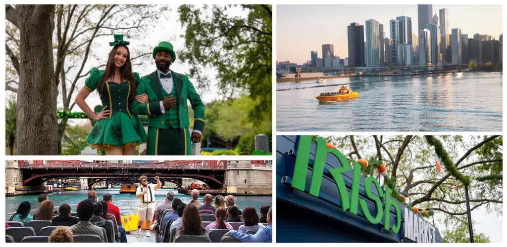 A collage of images including people in festive costumes, a city skyline with a river and boat, people watching a tour guide, and a market sign with holiday decorations
