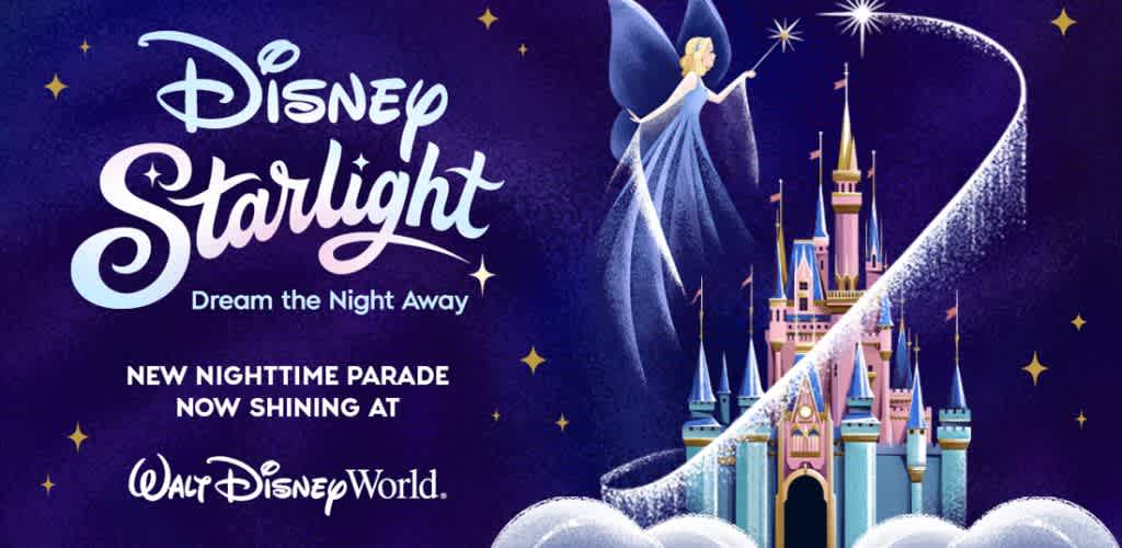 An illustration of a castle with a fairy flying nearby on a starry night sky promoting Disney starlight nighttime parade at Walt Disney World.