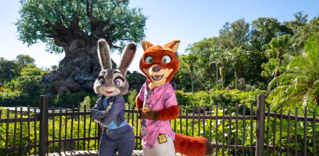 Costumed characters of a rabbit and fox posing outdoors in front of a tree and greenery at a theme park