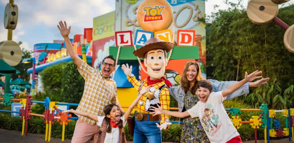 Happy family posing with Toy Story characters at an amusement park outdoor area with colorful decorations and greenery in the background.