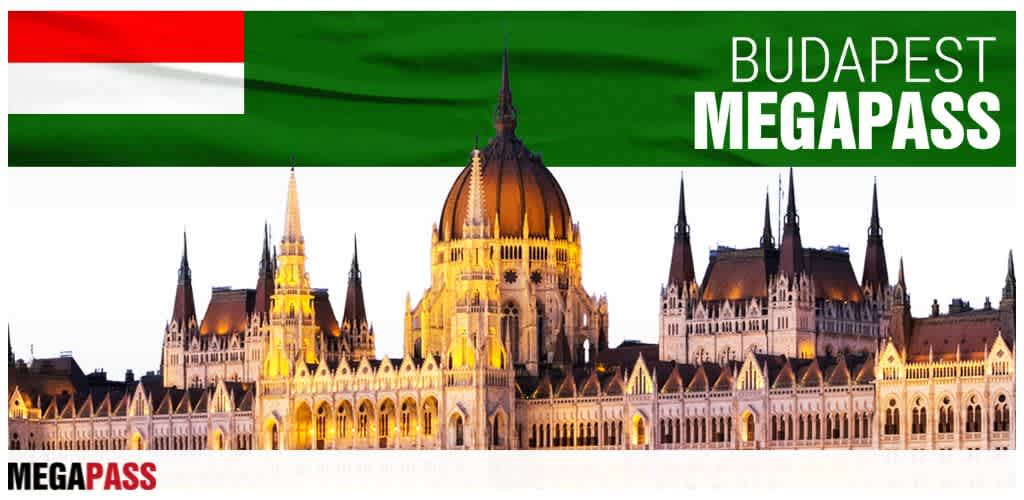A colorful promotional banner for Budapest Megapass featuring the Hungarian Parliament Building under a blue sky