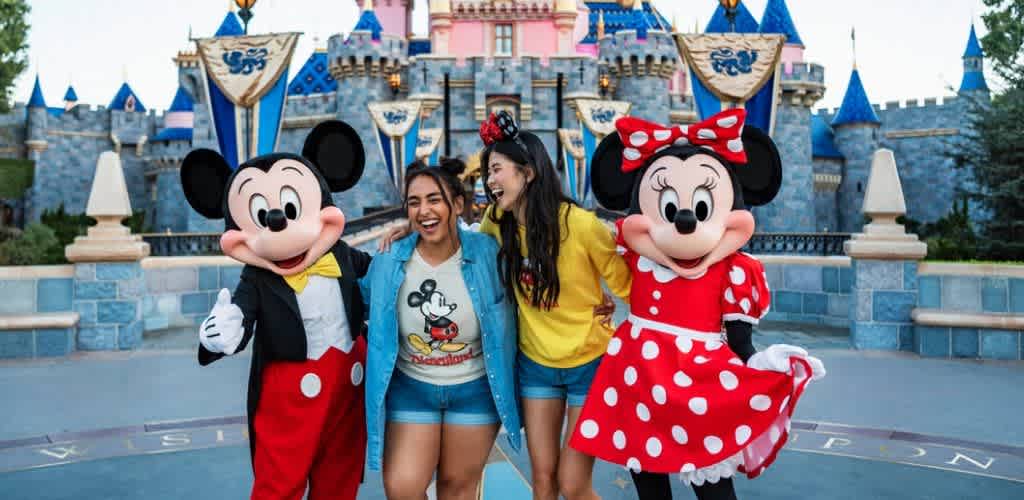 Two women and two people in Mickey and Minnie Mouse costumes smiling in front of a castle at Disneyland