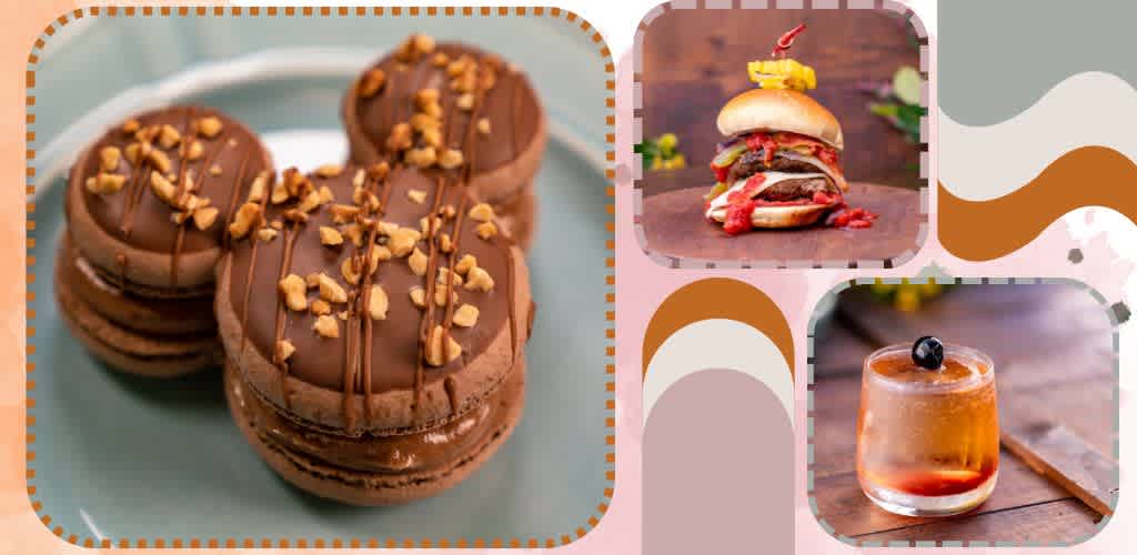 Chocolate cookies topped with nuts, a layered burger with lettuce and tomato, and a glass of whiskey with a cherry are shown in this image.
