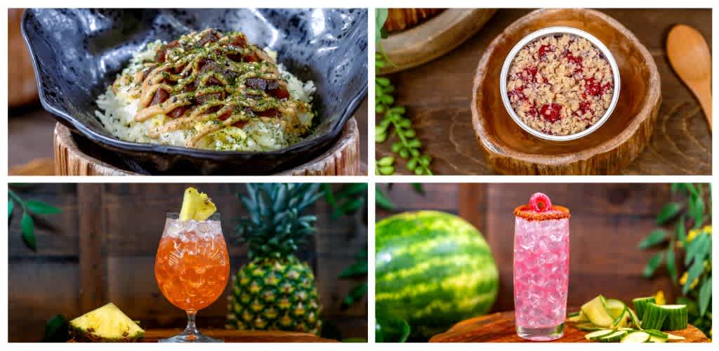 A collage of food and drinks including a bowl of Asian noodles over rice, a crumbly topping in a bowl, a tropical cocktail with pineapple, and a pink layered beverage with banana slices.