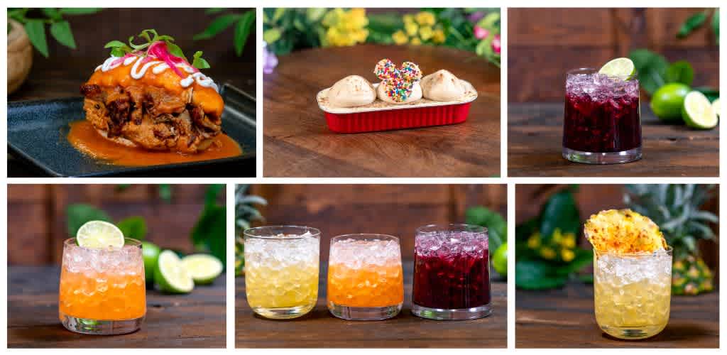 A variety of colorful food and beverages including a dessert with caramel and pink topping, three scoops of ice cream, and four different drinks with fruit garnishes displayed on wooden surfaces and backgrounds.