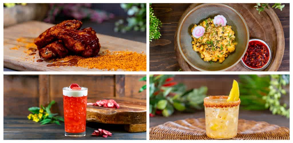 Four images of food and drinks including spicy chicken wings, a bowl of noodles with pink fish cake, a red cocktail with a cherry, and a yellow frozen dessert with a lemon wedge