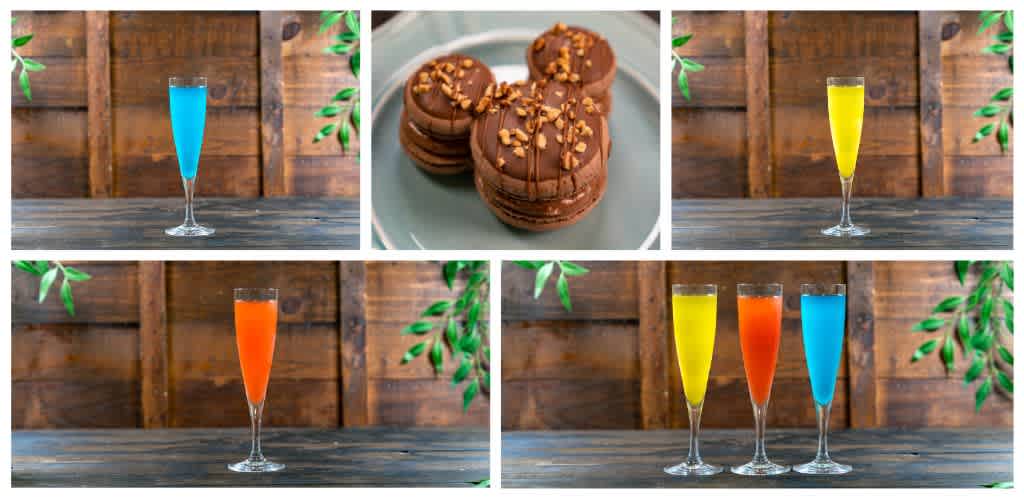 A collection of colorful drinks in tall glasses, a plate of chocolate cookies with nuts, displayed on a rustic wooden background.