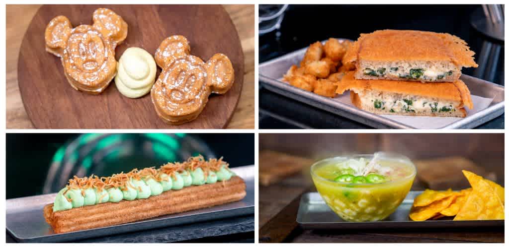 Four images showcase different dishes: Mickey Mouse-shaped waffles with syrup, a layered sandwich with greens, a green pastry with topping, and a bowl of green soup with crispy chips.