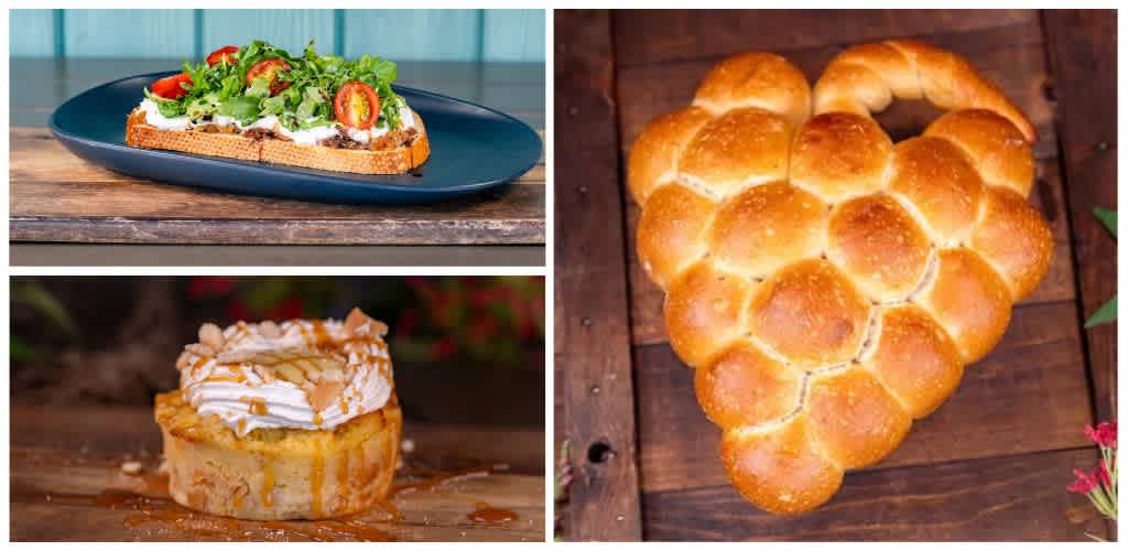 A collage of three food items featuring a salad on a dark plate, a caramel-topped dessert with whipped cream, and a heart-shaped cluster of bread rolls.