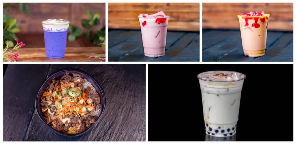 A collage of six images showing colorful smoothies and a bowl of food on various surfaces.