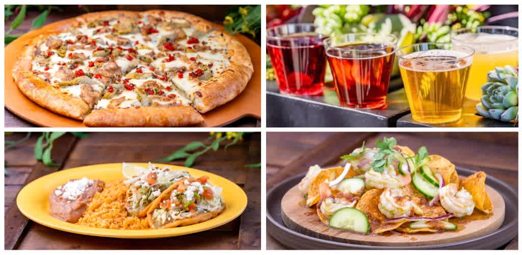 A collage of four images showing a pizza, drinks, traditional Mexican food with rice and tamales, and a seafood dish with vegetables.