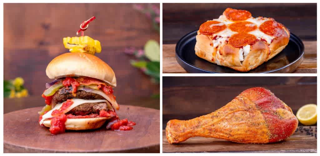 A collage of three images featuring a gourmet burger with toppings, a pepperoni pizza slice, and a roasted ham leg.