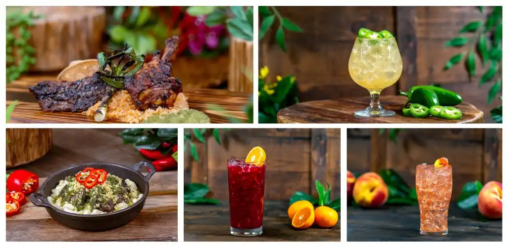 A collage of five images featuring colorful drinks and flavorful food items on wooden surfaces with fresh fruits and vegetables in the background.