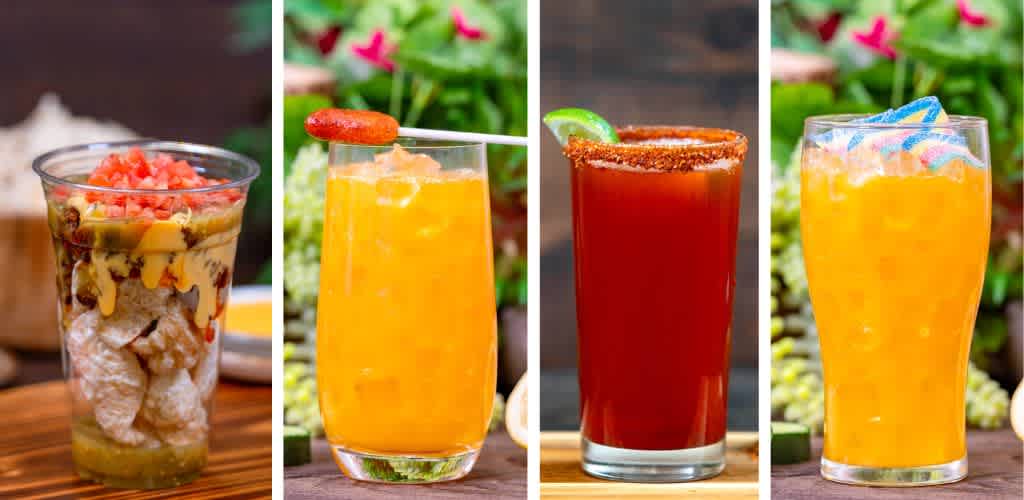 Four colorful cocktails with fruit garnishes and vibrant backgrounds on a wooden table.